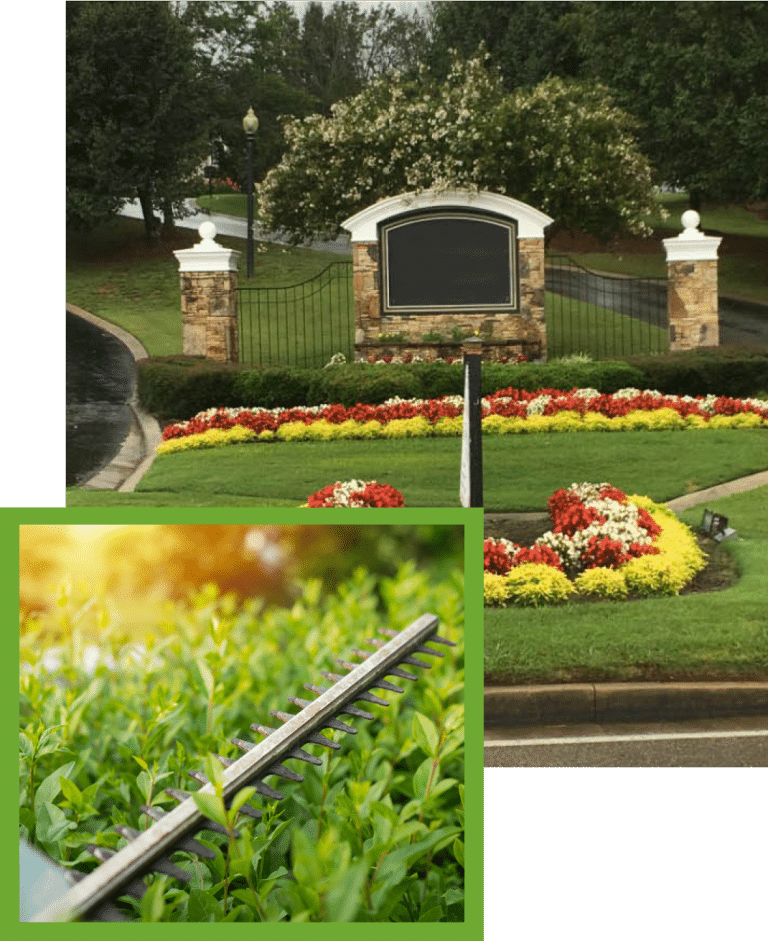 Commercial entrance monument with flower beds and hedge trimming